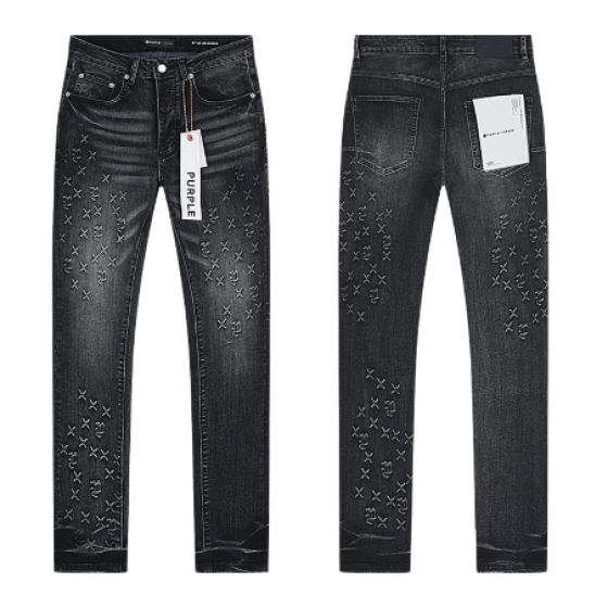 Black Washed Slim Denim Jeans with "PURPLE" Monogram Rhinestone Pattern